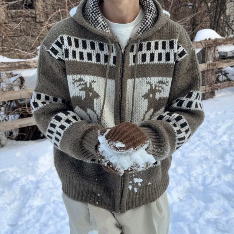New Knitted Jacquard Elk Hooded Autumn Sweater Cardigan Jacket Mens Trendy Trendy Harajuku All-match Elegant Ins Trendy Apricot  - Image 1
