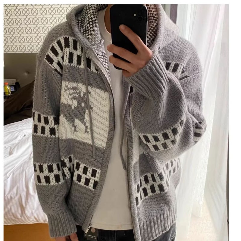 New Knitted Jacquard Elk Hooded Autumn Sweater Cardigan Jacket Mens Trendy Trendy Harajuku All-match Elegant Ins Trendy Apricot  - Image 2