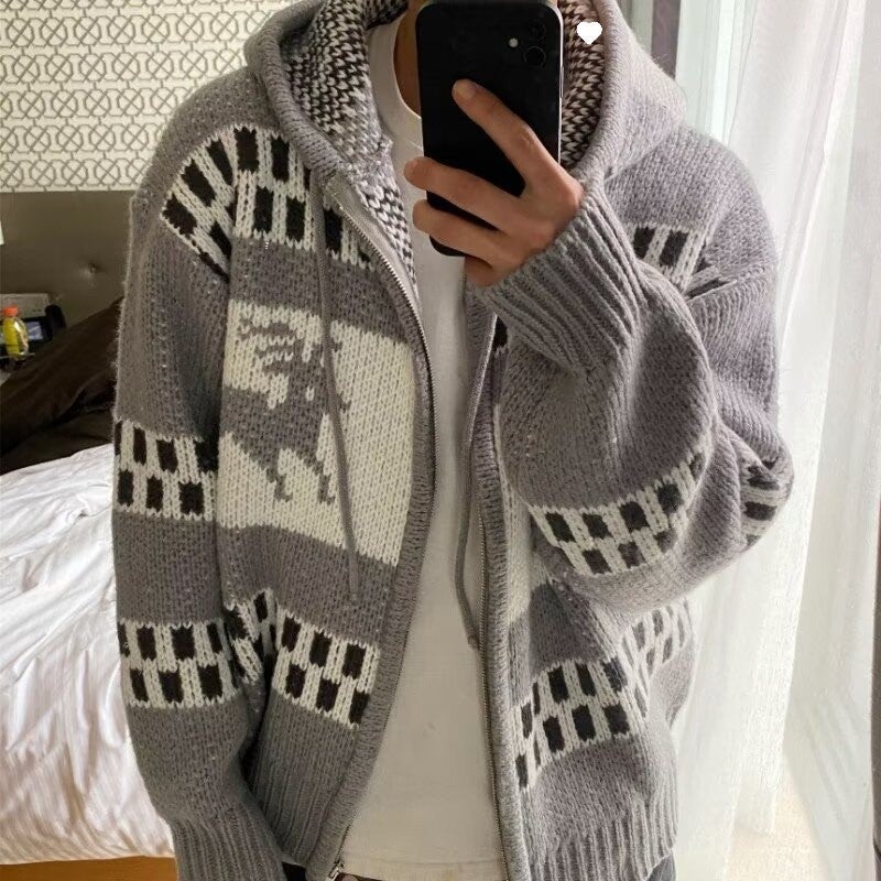 New Knitted Jacquard Elk Hooded Autumn Sweater Cardigan Jacket Mens Trendy Trendy Harajuku All-match Elegant Ins Trendy Apricot  - Image 5