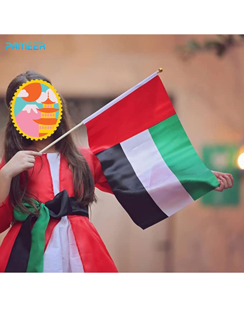 PAMEER 12 Pcs 60 x 40 CM UAE National Day Celebration Flags Hand Held Flags Emirati National Days Flags Wooden Hand Grip UAE Flags for Cars Home Office Desk National Day Martyrs Day Flag Day Celebrations  - Image 5