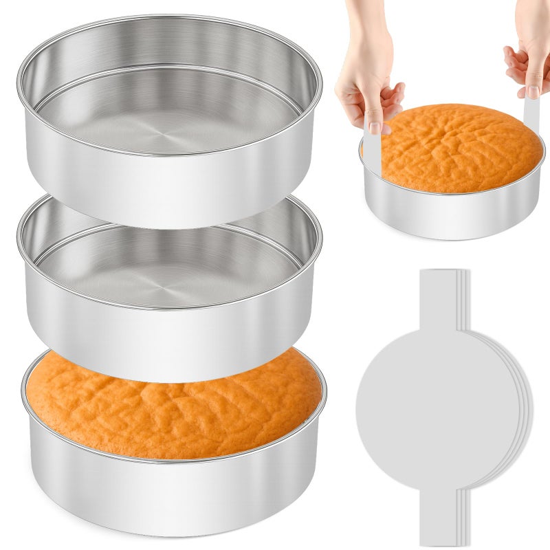 tutikuki 8 Inch Cake Pan - 3PCS Stainless Steel Round Layer Cake Baking Pans with 100 PCS Parchment Paper, Round Bakeware for Party Birthday Wedding, Mirror Finish & Dishwasher Safe - Image 1