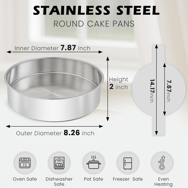 tutikuki 8 Inch Cake Pan - 3PCS Stainless Steel Round Layer Cake Baking Pans with 100 PCS Parchment Paper, Round Bakeware for Party Birthday Wedding, Mirror Finish & Dishwasher Safe - Image 2