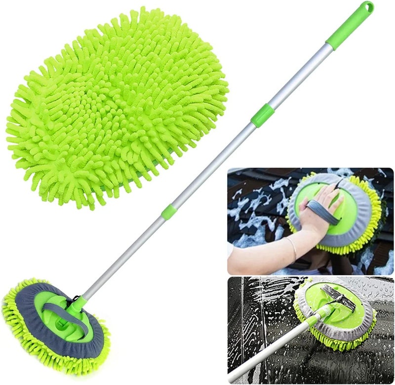 PATTAR 2 in 1 Microfiber Car Washing Mop with Long Handle Car Cleaning Accessories Microfiber Flexible Duster Dry Wet Home Kitchen Office Cleaning Brush Extendable Handle180 Rotation Green - Image 1