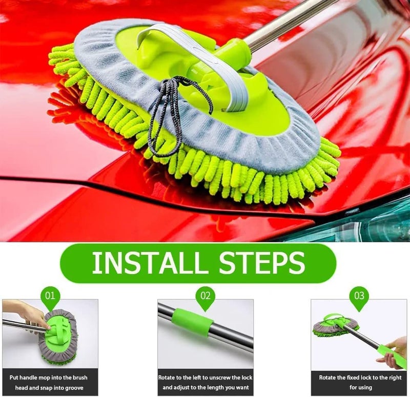 PATTAR 2 in 1 Microfiber Car Washing Mop with Long Handle Car Cleaning Accessories Microfiber Flexible Duster Dry Wet Home Kitchen Office Cleaning Brush Extendable Handle180 Rotation Green - Image 5