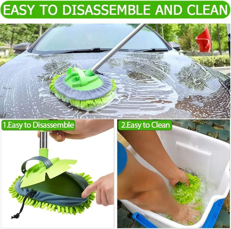 PATTAR 2 in 1 Microfiber Car Washing Mop with Long Handle Car Cleaning Accessories Microfiber Flexible Duster Dry Wet Home Kitchen Office Cleaning Brush Extendable Handle180 Rotation Green - Image 4