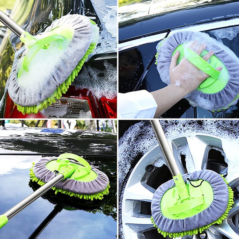 PATTAR 2 in 1 Microfiber Car Washing Mop with Long Handle Car Cleaning Accessories Microfiber Flexible Duster Dry Wet Home Kitchen Office Cleaning Brush Extendable Handle180 Rotation Green - Image 2