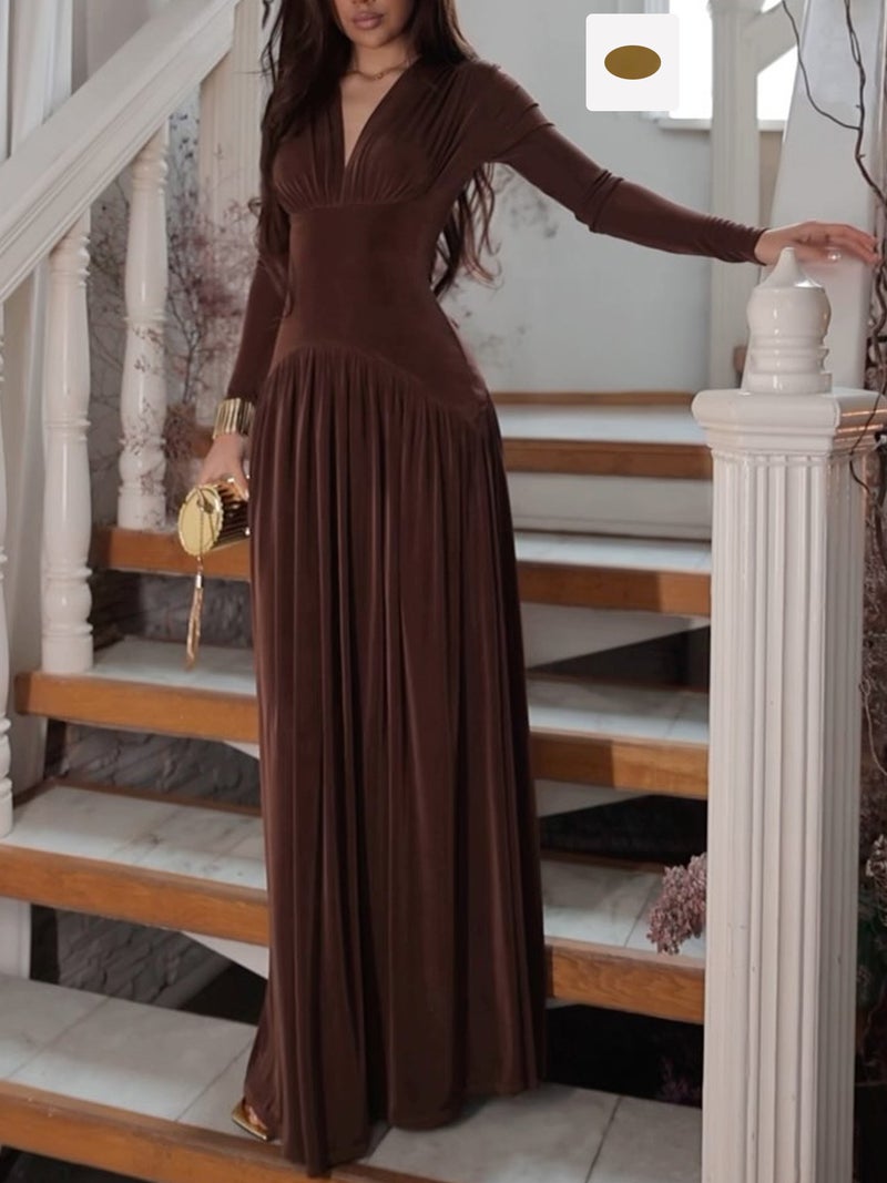 Elegant Long Sleeve Velvet Dress with Waist Cinching for Women - Image 1