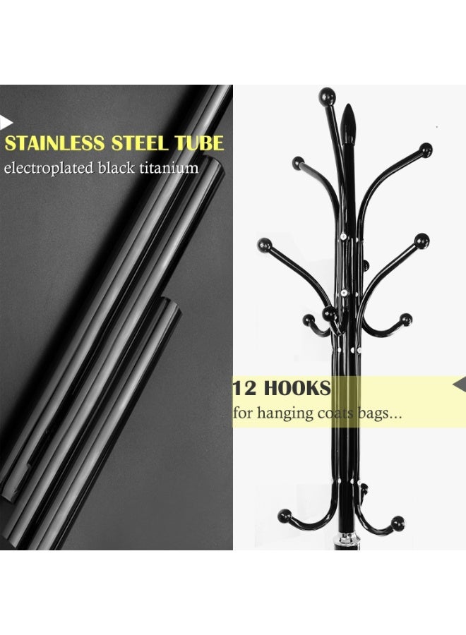 Beauenty Sturdy Metal Coat Rack Stand with Quartz Base, Free Standing Hall Tree with 12 Hooks for Hanging Scarf, Bag, Jacket, Stylish Home Entryway Hat Hanger Organizer (Black) - Image 2