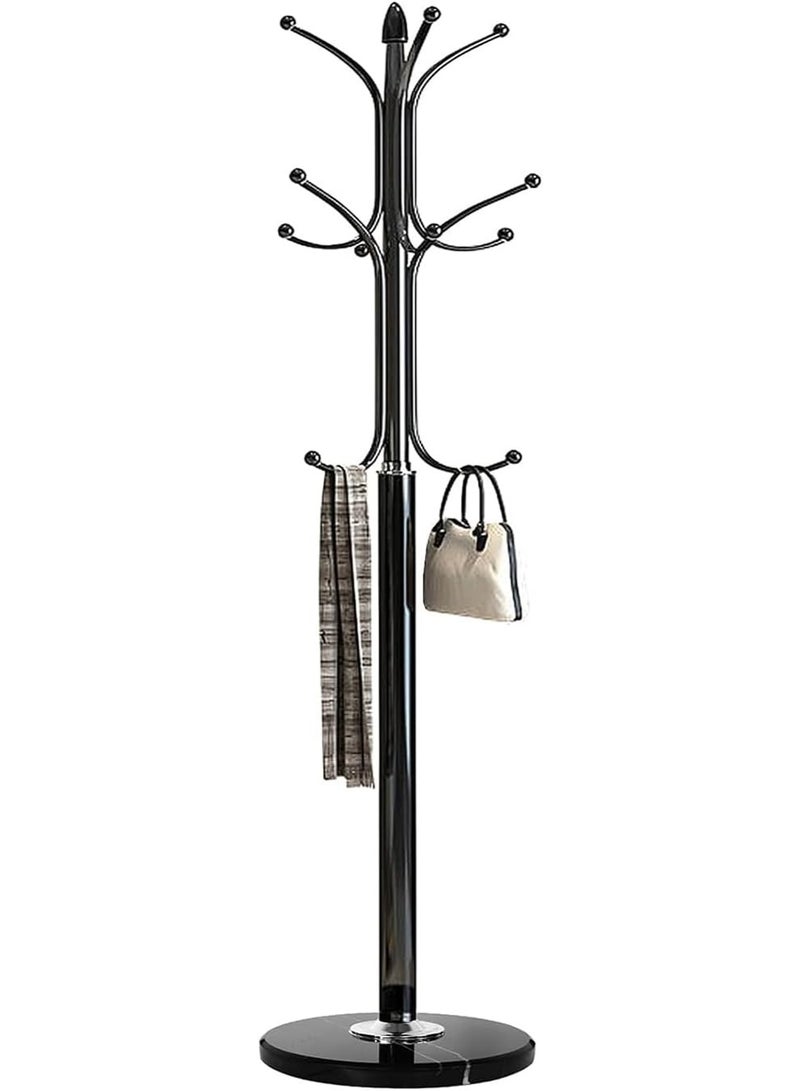 Beauenty Sturdy Metal Coat Rack Stand with Quartz Base, Free Standing Hall Tree with 12 Hooks for Hanging Scarf, Bag, Jacket, Stylish Home Entryway Hat Hanger Organizer (Black) - Image 1