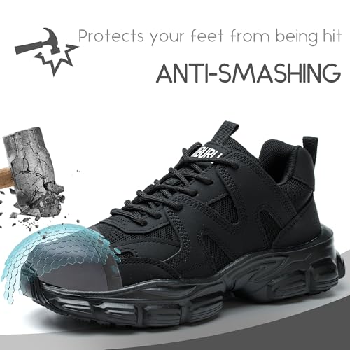 COOU Comfortable Steel Toe Shoes for Women Lightweight Work Shoes Non Slip Thickened Sole Puncture Proof Steel Toe Sneakers Women Size 8 Black - Image 3