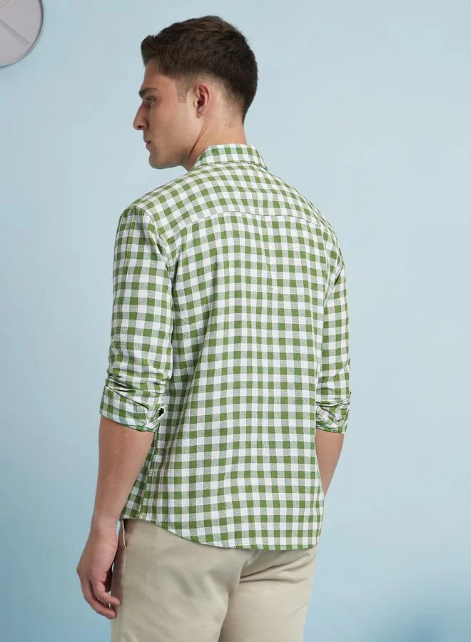 Dennis Lingo Men's Green 100% Polyester Checkered Regular FiT-Shirt