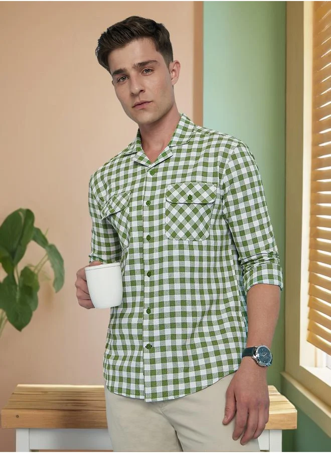 Dennis Lingo Regular Fit Green Checks Cuban Collar Full Sleeve Shirts For Men