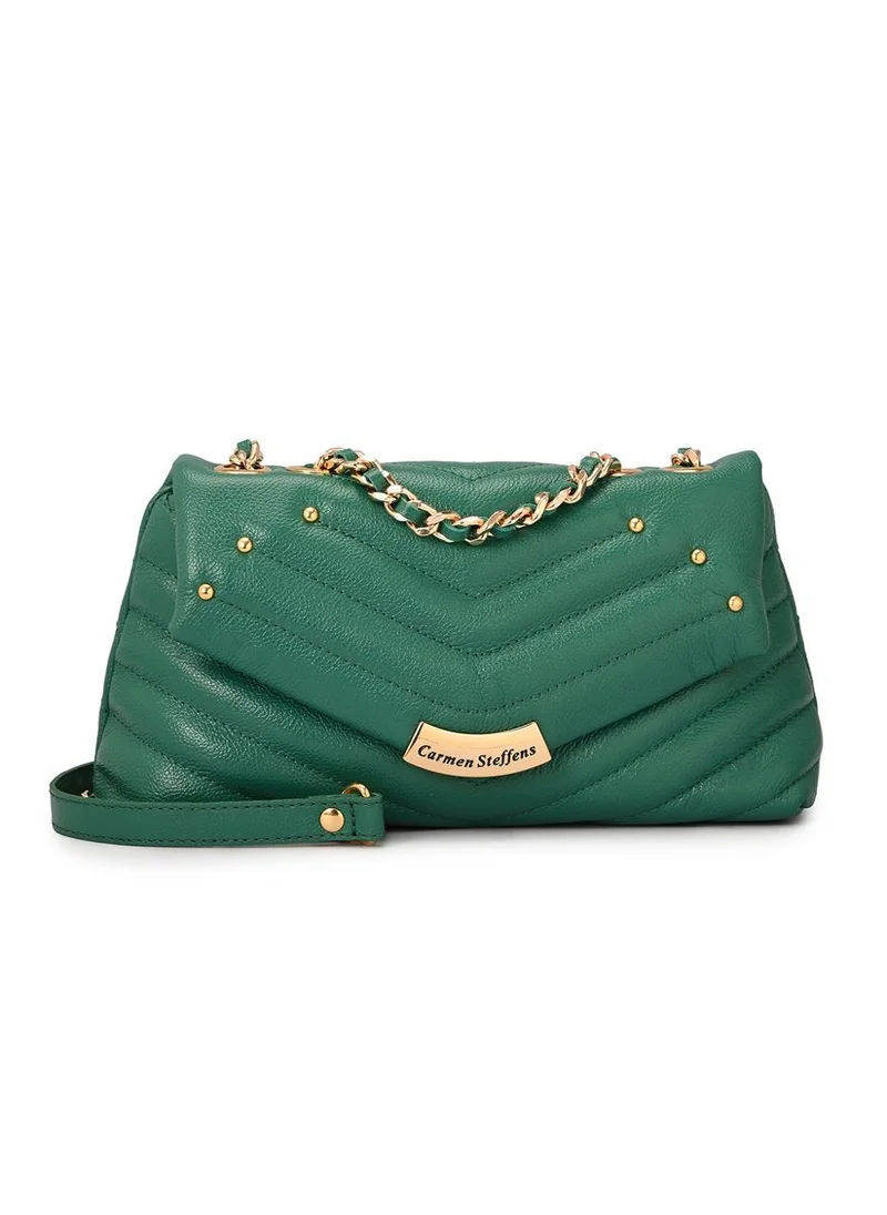 كارمن ستيفنز حقيبة جلدية مبطنة باللون الأخضر الأوكالبتوس مع تطبيق معدني