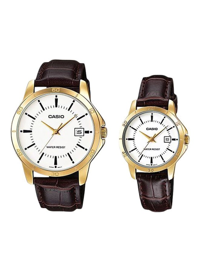 CASIO Unisex Round Shape Leather Strap Couple Watch - MTP/LTP-V004GL-7AUDF - Brown - Image 1