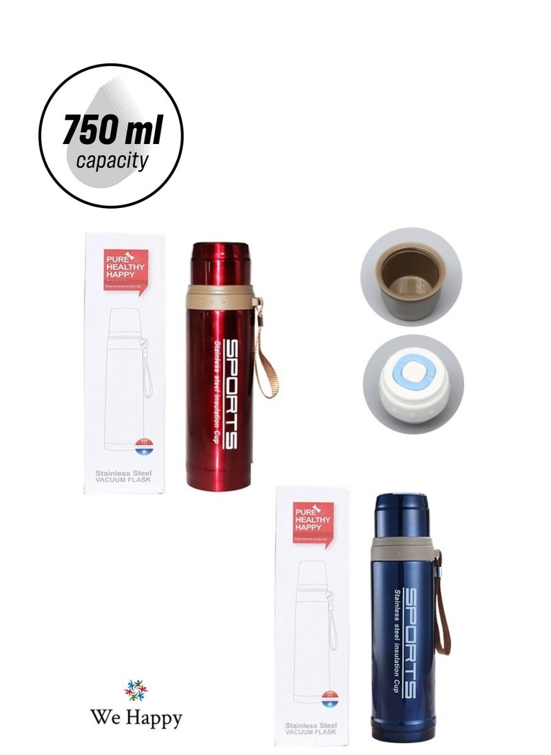 We Happy - Pack of 2 Sports Stainless Steel Thermos Vacuum Flask 750 ML Capacity Travel Bottle with Insulation Cup Comes in Assorted Colors - Image 1