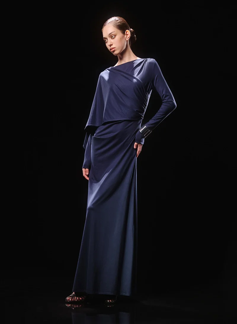 Jersey maxi dress with one-shoulder cape