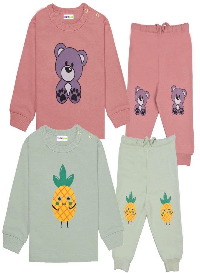Toddylon ملابس أطفال حديثي الولادة من توديلون، قطن، بقصة عادية، تيشيرت وبنطال | ملابس | طقم تيشيرت وبيجامات | بدلة رياضية للأطفال (وردي وأخضر فستقي، 18-24 شهرًا) - Image 2
