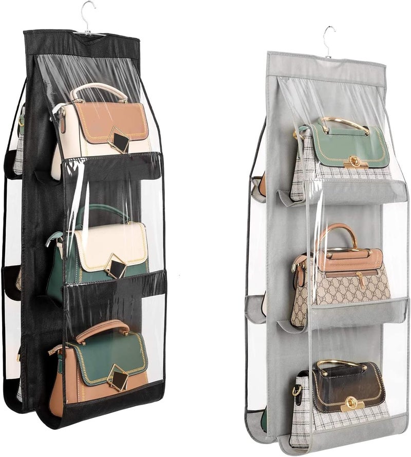 OxbOw NonWoven Fabric 2Pcs Combo 6 Pocket Foldable Hanging Purse Handbag Organizer For Storage Ladies Women Large Clear Hand Bag Storage Organizer 2 Pcs Grey Black - Image 1