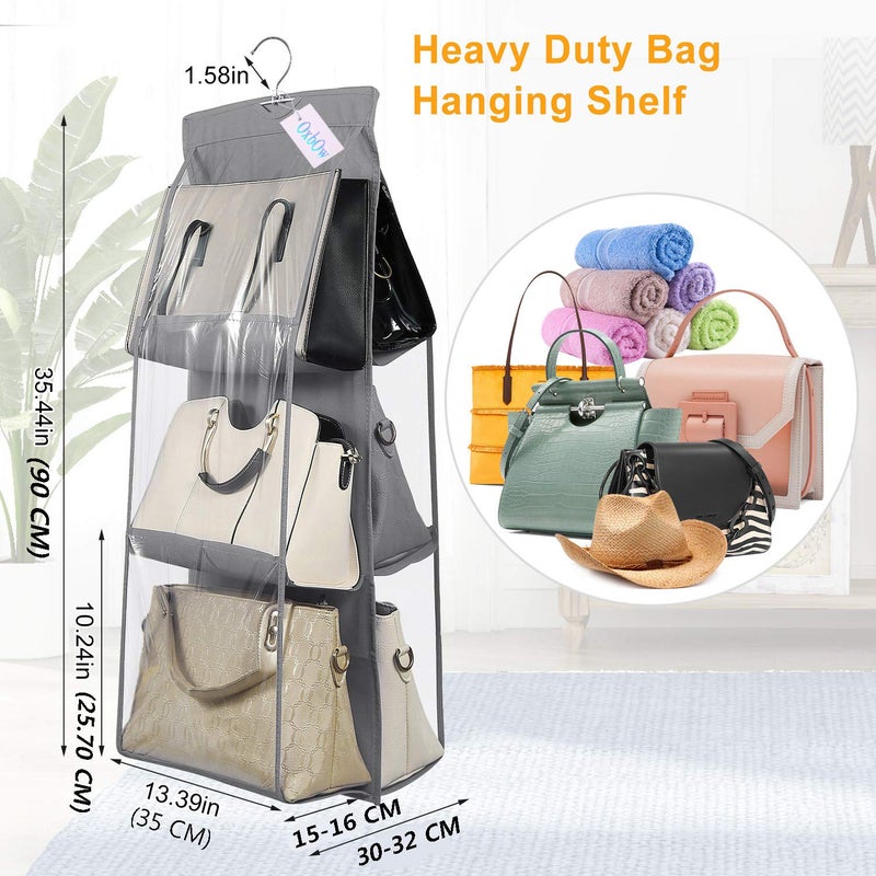 OxbOw NonWoven Fabric 2Pcs Combo 6 Pocket Foldable Hanging Purse Handbag Organizer For Storage Ladies Women Large Clear Hand Bag Storage Organizer 2 Pcs Grey Black - Image 2