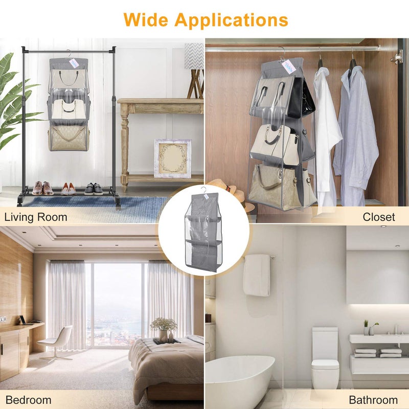 OxbOw NonWoven Fabric 2Pcs Combo 6 Pocket Foldable Hanging Purse Handbag Organizer For Storage Ladies Women Large Clear Hand Bag Storage Organizer 2 Pcs Grey Black - Image 3