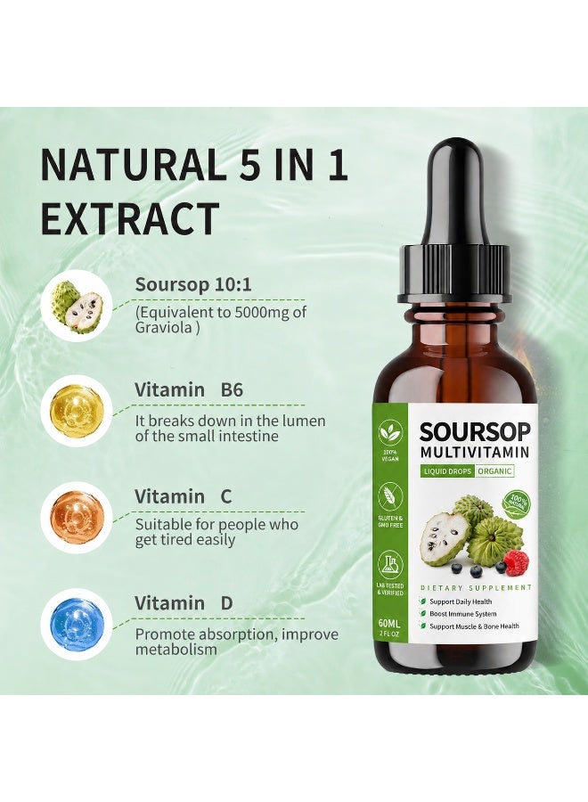 Multivitamin Graviola Soursop Bitters Liquid Drops, 5000mg Soursop Fruit & Leaf Extract + 10 Bitters Botanicals for Immune Support Digestive Health Antioxidant Boost丨 Vegan (2 Fl Oz) - Image 3