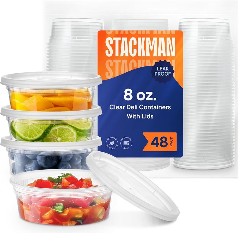 ستاك مان عبوات تخزين طعام بلاستيكية من Stack Man [48 عبوة، 8 أونصات]، مزودة بأغطية محكمة الإغلاق، صالحة للاستخدام في الفريزر | مثالية لتحضير الوجبات | قابلة للتكديس | مقاومة للتسرب | خالية من مادة BPA، شفافة - Image 1