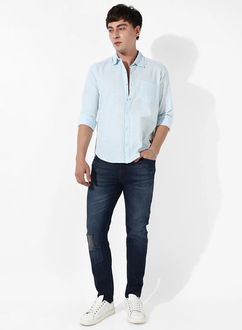 كامبوس سوترا Campus Sutra Men's Solid Light Blue Button Up Regular Fit Shirt For Casual Wear | Cotton Spread Collar Shirt Crafted With Regular Sleeve, Comfort Fit & High-Performance For Everyday Wear