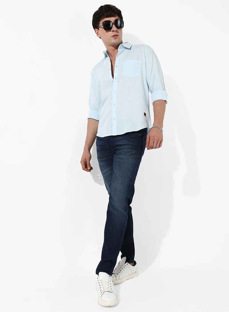 كامبوس سوترا Campus Sutra Men's Solid Light Blue Button Up Regular Fit Shirt For Casual Wear | Cotton Spread Collar Shirt Crafted With Regular Sleeve, Comfort Fit & High-Performance For Everyday Wear