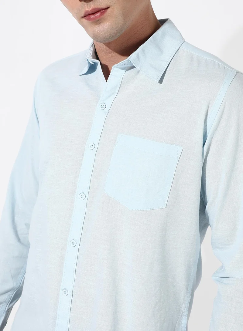 كامبوس سوترا Campus Sutra Men's Solid Light Blue Button Up Regular Fit Shirt For Casual Wear | Cotton Spread Collar Shirt Crafted With Regular Sleeve, Comfort Fit & High-Performance For Everyday Wear