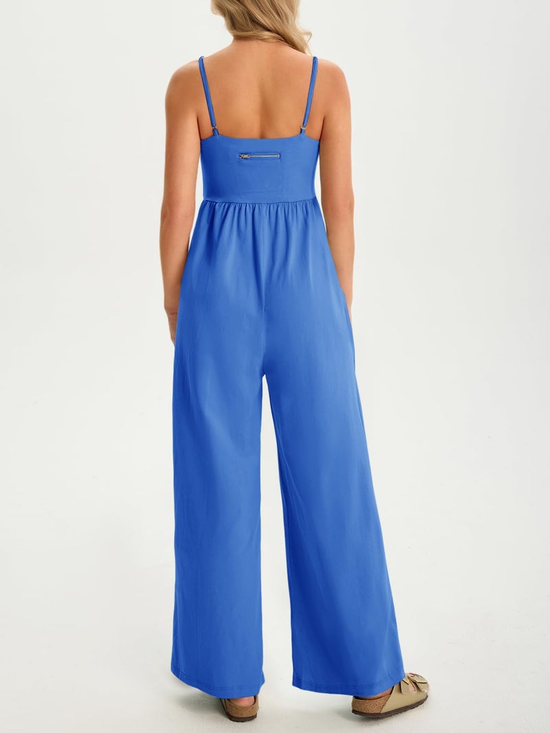 Fisoew Womens Summer Jumpsuits One Piece Casual Loose Overalls Spaghetti Strap Wide Leg Rompers with Pockets Workout Outfits - Image 4