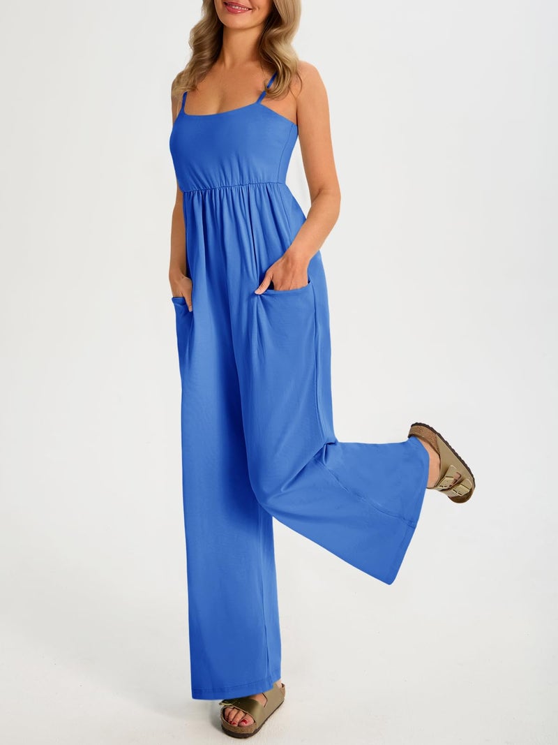 Fisoew Womens Summer Jumpsuits One Piece Casual Loose Overalls Spaghetti Strap Wide Leg Rompers with Pockets Workout Outfits - Image 3
