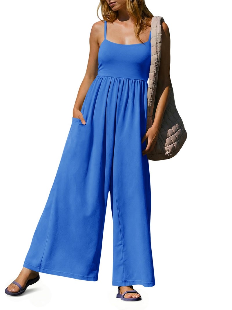 Fisoew Womens Summer Jumpsuits One Piece Casual Loose Overalls Spaghetti Strap Wide Leg Rompers with Pockets Workout Outfits - Image 1