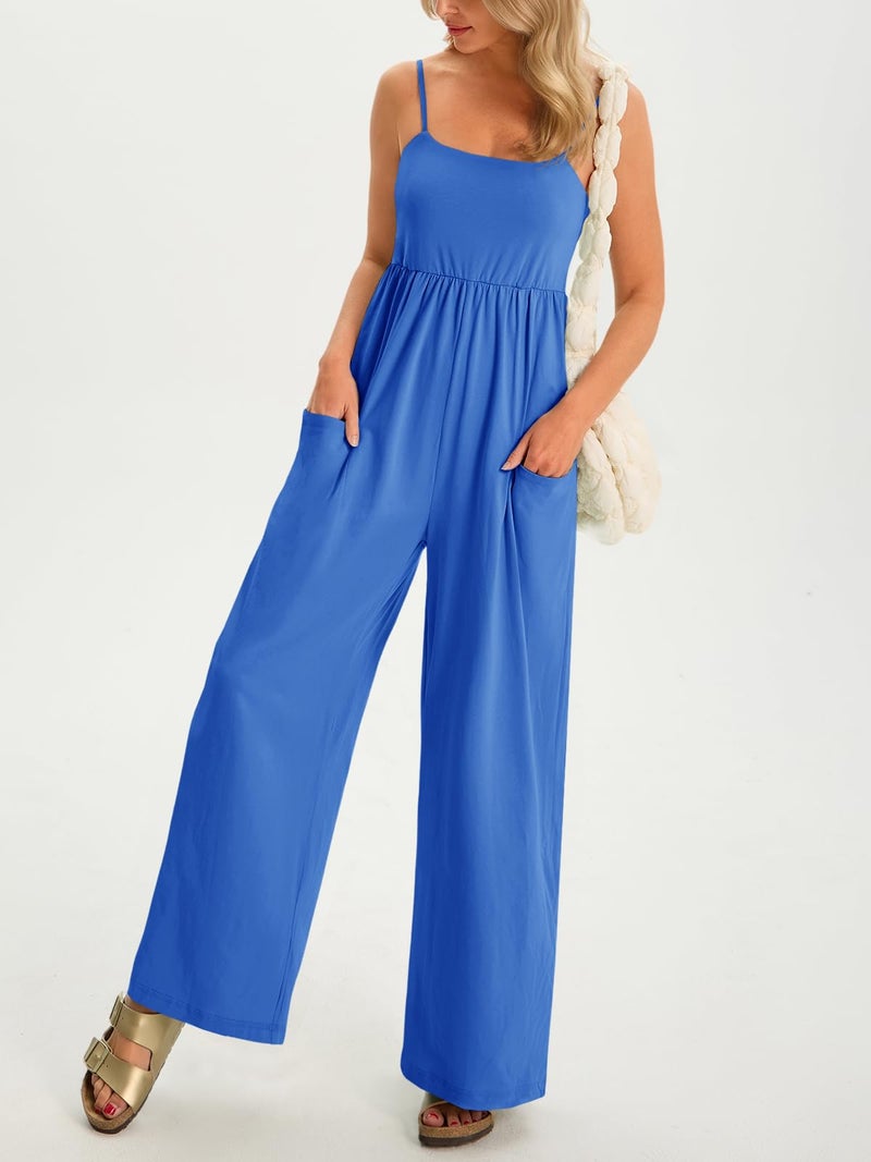 Fisoew Womens Summer Jumpsuits One Piece Casual Loose Overalls Spaghetti Strap Wide Leg Rompers with Pockets Workout Outfits - Image 2