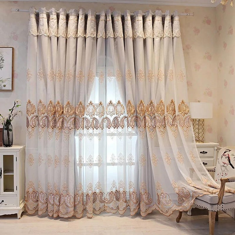 Amidoudou 1 Pair European Double Layer Curtains with Valances for Living Room Bedroom Luxury Embroidered Curtains (Grey,63x96 Inch) - Image 1