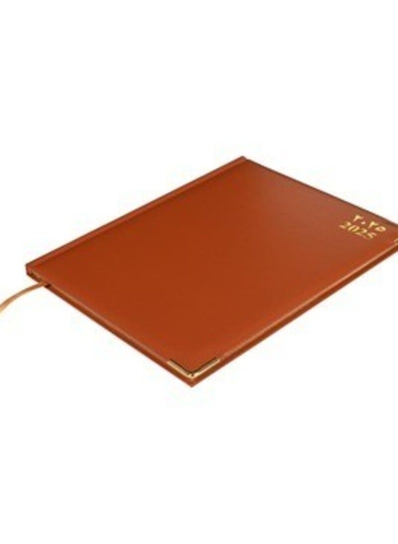 FIS 2025 Golden Executive Diary, Vinyl Materials, 1 Side Padded Cover, Gilded Edges, Golden Corners, Size 210x260mm, English/French/Arabic, 70gsm White Paper, Brown Color-FSDI32AEG25BR