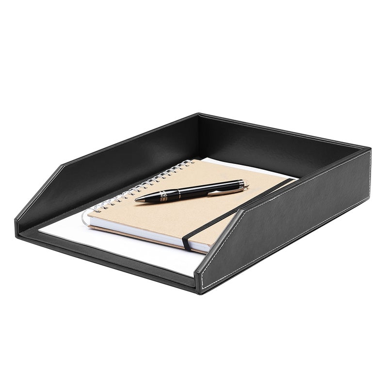 Gallaway Leather Letter Tray Desk Organizer - Paper Tray for Desk,PU Leather Tray Perfect for Office Organization, Document Holder Fits A4 Paper, Stackable Drawers for Extra Desk Storage. (Black) - Image 1