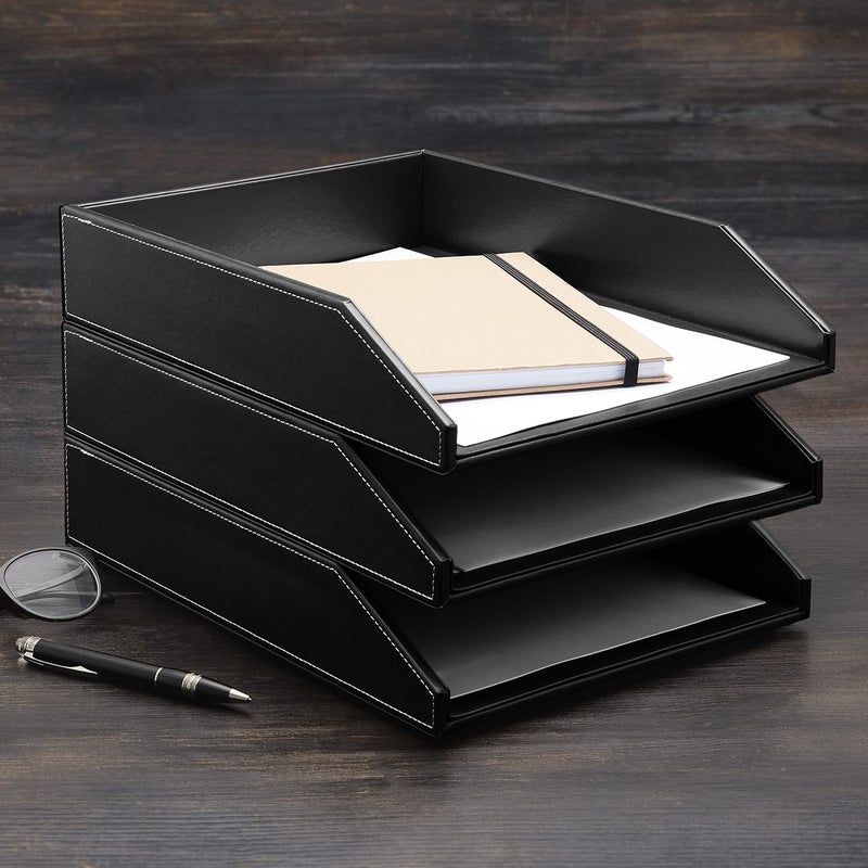 Gallaway Leather Letter Tray Desk Organizer - Paper Tray for Desk,PU Leather Tray Perfect for Office Organization, Document Holder Fits A4 Paper, Stackable Drawers for Extra Desk Storage. (Black) - Image 2