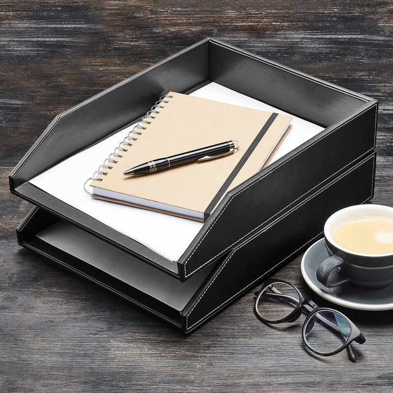 Gallaway Leather Letter Tray Desk Organizer - Paper Tray for Desk,PU Leather Tray Perfect for Office Organization, Document Holder Fits A4 Paper, Stackable Drawers for Extra Desk Storage. (Black) - Image 4