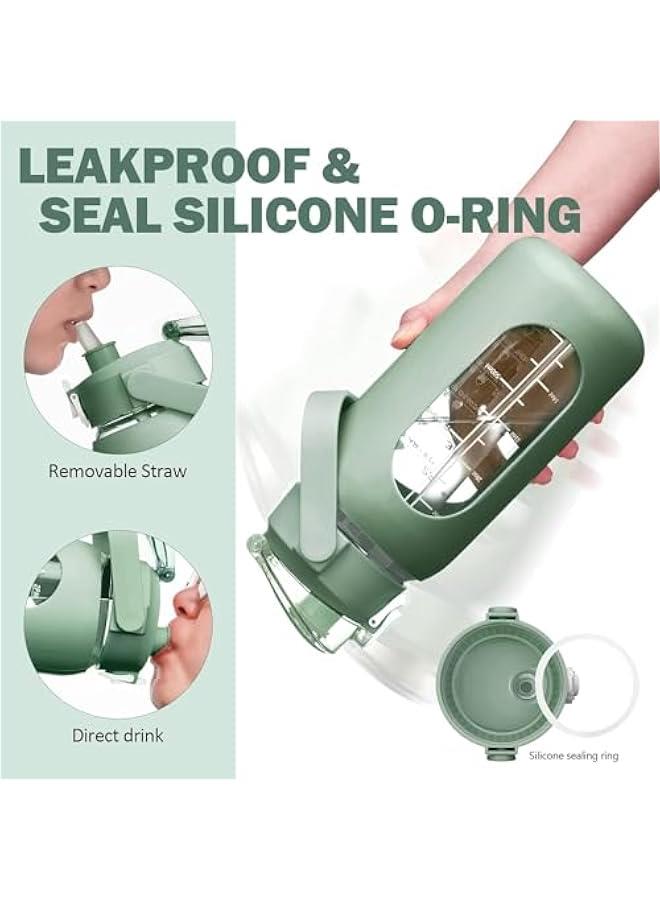 هوكور زجاجات مياه زجاجية سعة 64 اونصة مع ماصة من هوكور، زجاجة نصف جالون تحفيزية مع حافظة سيليكون وعلامات للوقت، ابريق ماء زجاجي كبير مانع للتسرب لصالة الالعاب الرياضية والمنزل والمكتب (اخضر) - Image 3