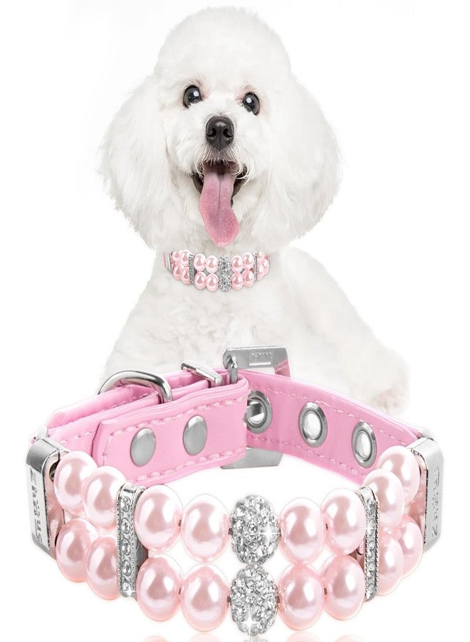 HOWWFALY Dog Cat Pearl Collars with Crystal Rhinestone PU Leather Collars Necklace Adjustable CollarDog Chain Cat White Pearl Pet Collar(Pink, Small) - Image 1