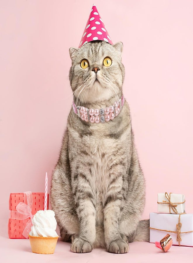 HOWWFALY Dog Cat Pearl Collars with Crystal Rhinestone PU Leather Collars Necklace Adjustable CollarDog Chain Cat White Pearl Pet Collar(Pink, Small) - Image 3