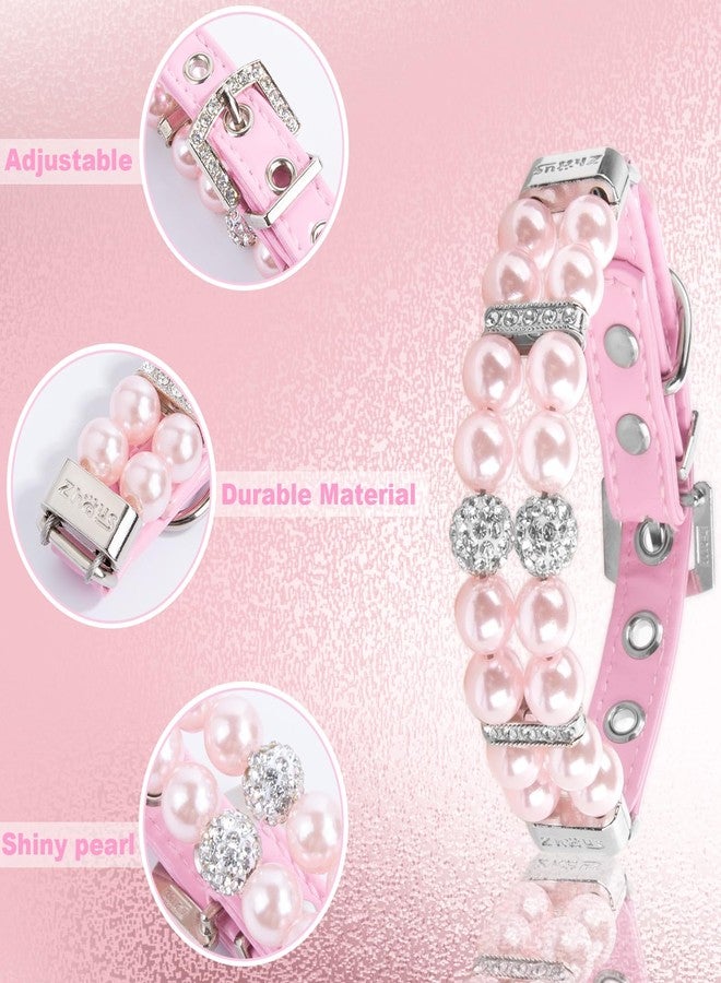 HOWWFALY Dog Cat Pearl Collars with Crystal Rhinestone PU Leather Collars Necklace Adjustable CollarDog Chain Cat White Pearl Pet Collar(Pink, Small) - Image 5