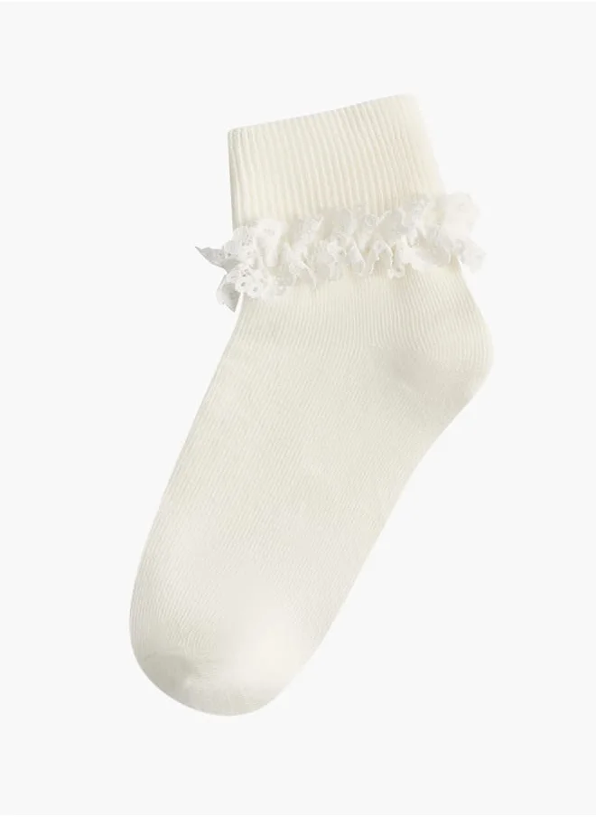 Little Missy Girls Ribbed Non-Terry Ankle Length Socks with Frill Detail - Set of 3