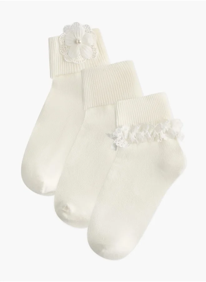Little Missy Girls Ribbed Non-Terry Ankle Length Socks with Frill Detail - Set of 3