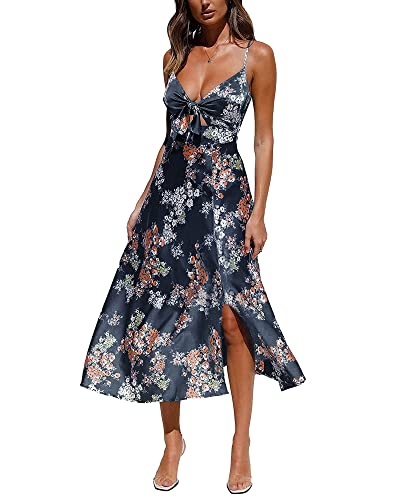 Fashionme Women Midi Satin Dresses Tie Front Backless Split Summer Casual Floral Tropical Hawaiian Flowy Slip Dress Sexy Sundresses Wedding Guest Beach Cocktail Vacation Graduation - Image 5