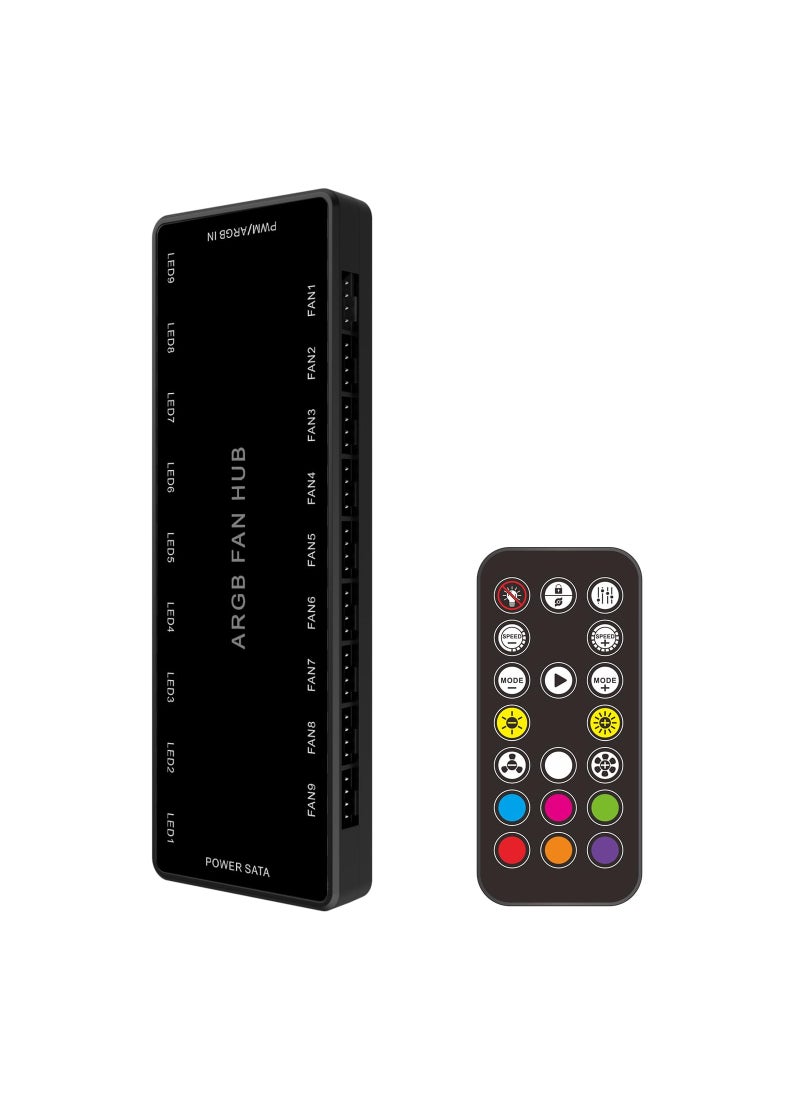 KASTWAVE - وحدة تحكم ARGB Fan HUB مع جهاز تحكم عن بعد، تدعم وحدة تحكم PWM 9 مجموعات من المراوح لـ 5 فولت 3 دبابيس ARGB و12 فولت 4 دبابيس PWM، وحدة تحكم مروحة علبة RGB 2 في 1 مع قاعدة مغناطيسية مخفية وطاقة SATA - Image 1
