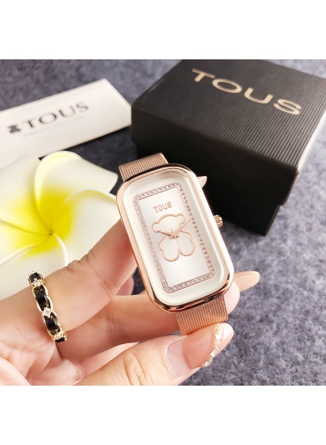 TOUS Tous Bear Rose Gold White Dial Watch - Diamond-Encrusted Bezel Mesh Strap