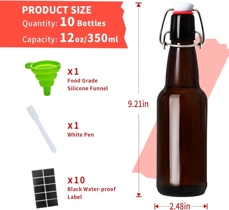 Zelomithe 12oz Amber glass bottle with Airtight Stopper Lids (10 Pack) -Swing Top Glass Bottles-Flip Top Brewing Bottle for Fermentation, Kombucha, Mead, Vinegar, Beer, Kefir, Wine,Soda,whisky - Image 2