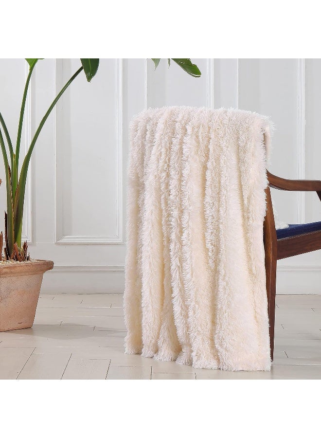 Tuddrom بطانية تودرم الزخرفية فائقة النعومة من الفرو الصناعي بحجم كوين 80"x90" قابلة للعكس شعر طويل زغبي بطانية فخمة ناعمة من الألياف الدقيقة للكنبة الأريكة السرير بيج أبيض - Image 4