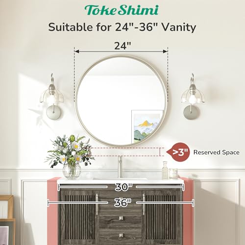 TokeShimi 24 Inch Circle Bathroom Mirror Brushed Nickel, Tempered Round Wall Mirror, Shatterproof 24x24 Hanging Wall Mirrored Farmhouse for Bedroom, Entryway, Restroom, Vanity, Living Room - Image 5